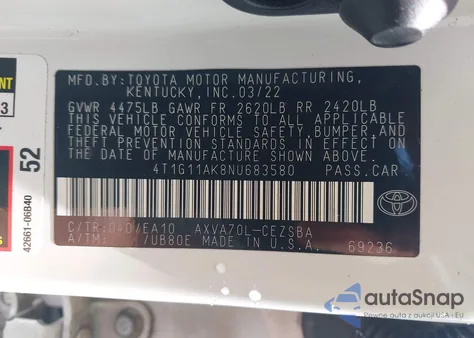 2022 Toyota Camry Se из США, поврежденный, VIN 4T1G11AK8NU683580